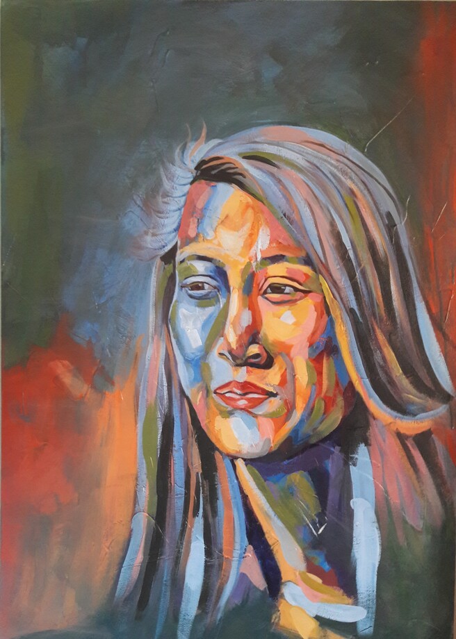 Colorful acrylic portrait painting of a woman with vibrant brushstrokes by Sanjay Dangi