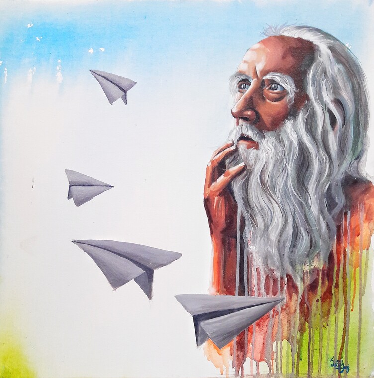 Watercolor and acrylic painting of a bearded old man watching paper planes fly by Sanjay Dangi