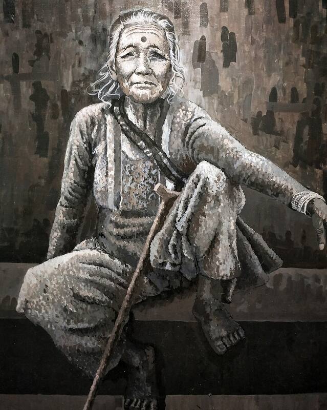 Detailed acrylic painting of an elderly woman — original wall art by Sanjay Dangi