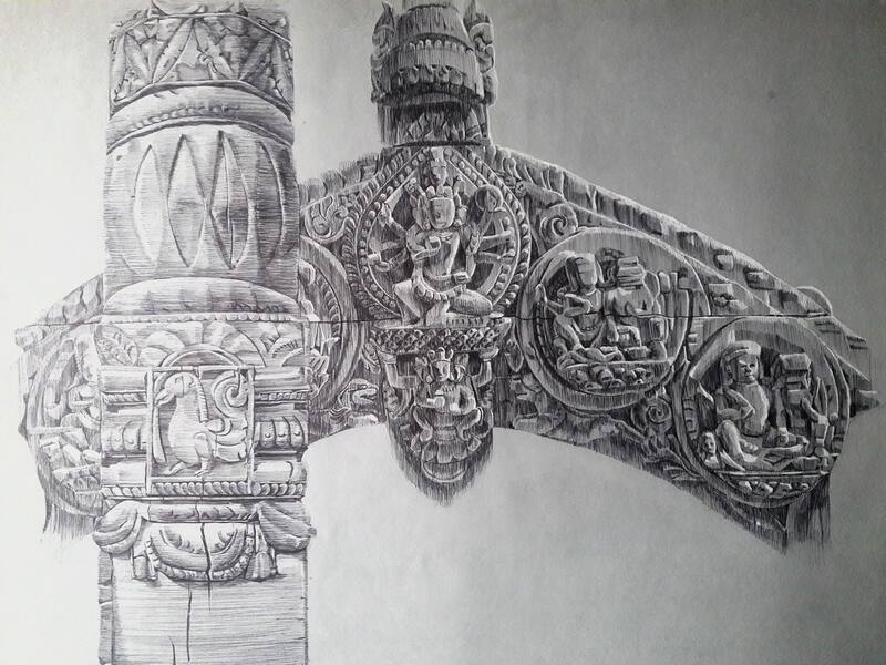 Detailed pencil drawing of ornate Nepali temple wood carving with Hindu deities by Sanjay Dangi